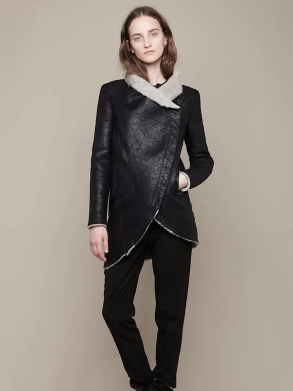 Helmut Lang Brown Shearling-Trim Asymmetrical Jacket - Women - Picture 16 of 16